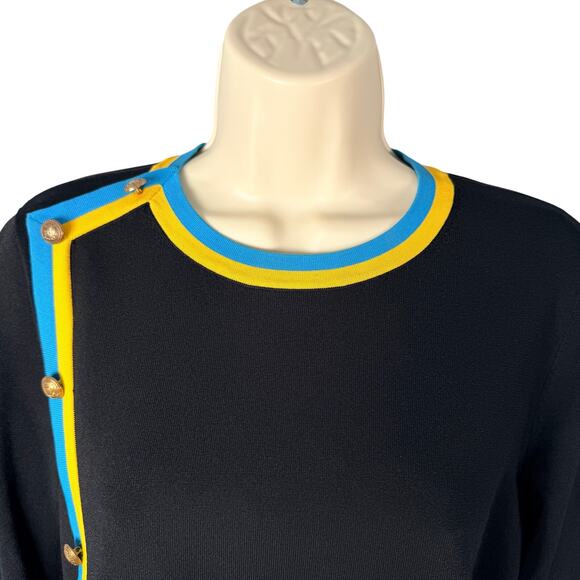 Carlisle Collection Sweater Top Medium Black Racer Stripe Crest Button Old Money - Picture 2 of 16